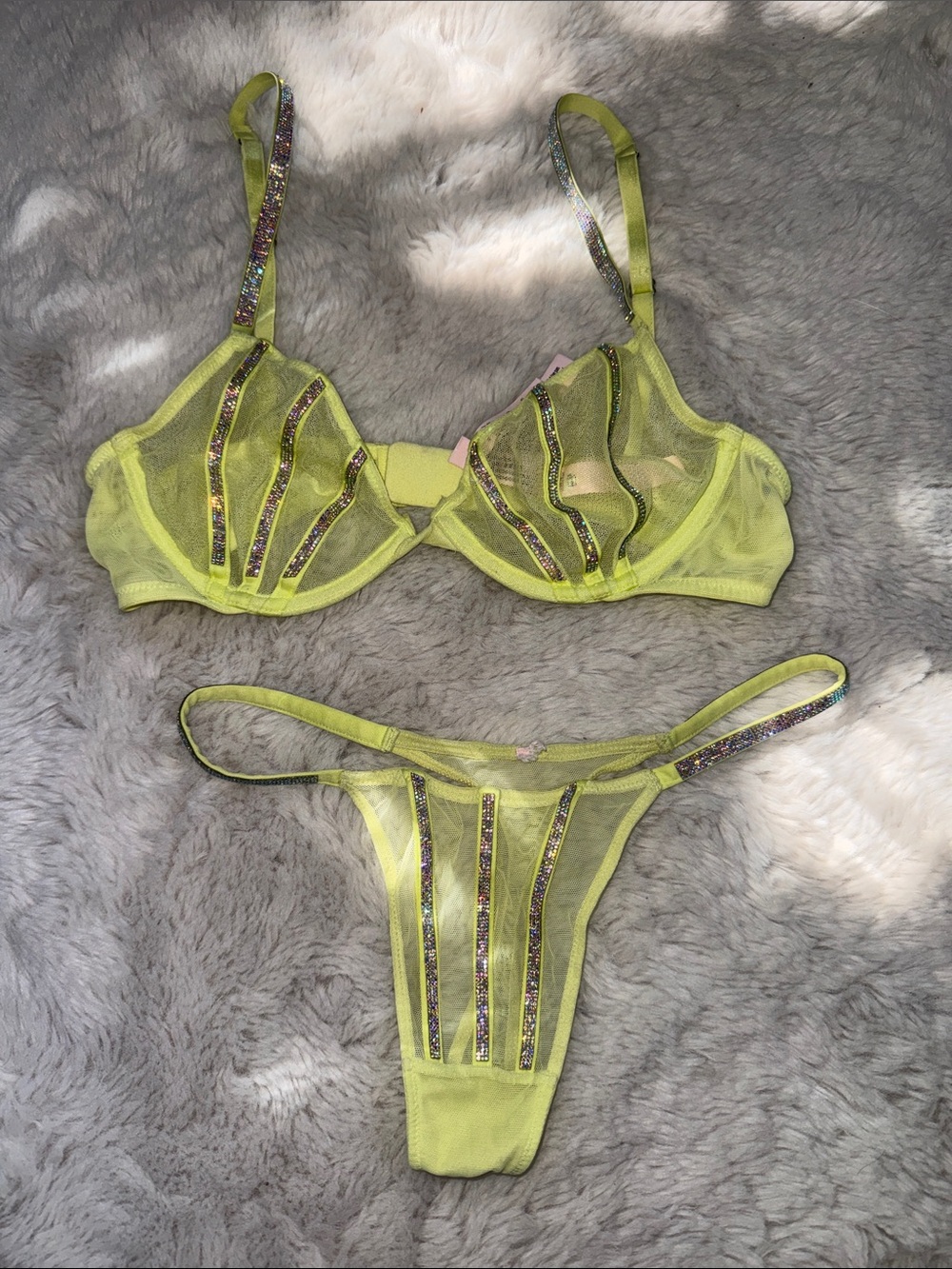 Victoria’s Secret Yellow Sheer Lingerie Set with Glitter Trim